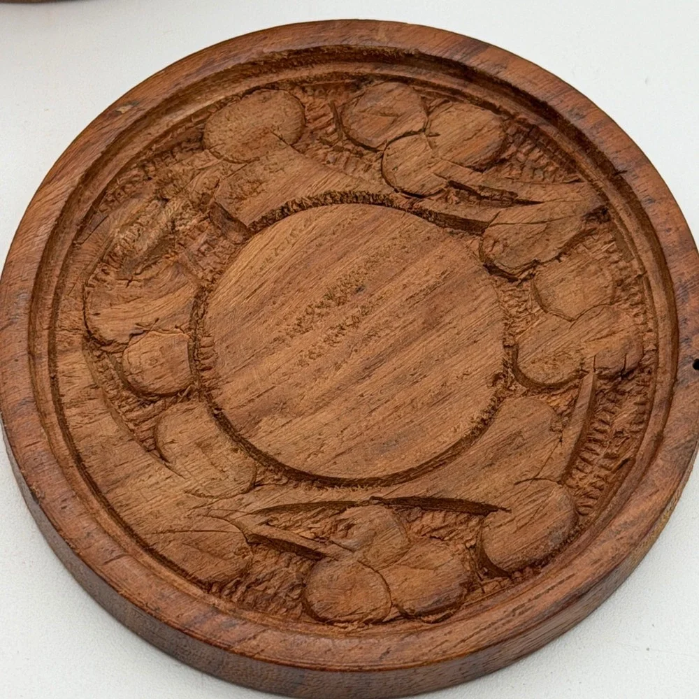 Vintage Hand Carved Floral Wood Coaster Set of 6 with Round Holder Brown Boho